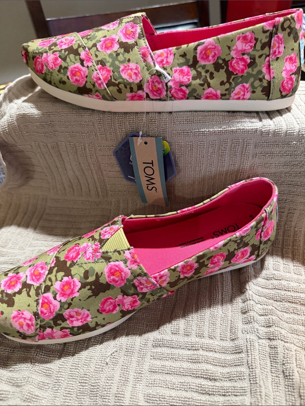 TOMS Olive Canvas Slip-Ons with Pink Floral Print